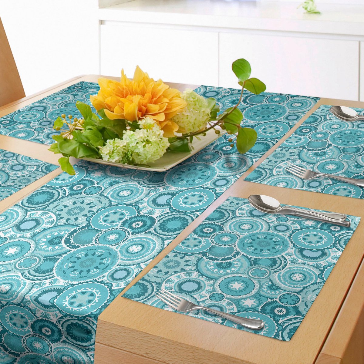 My Ninki ® Tafeldecoratieset met Mandala-ontwerp en Turquoise-Blauwe Kleuren voor Stijlvolle Eettafels
