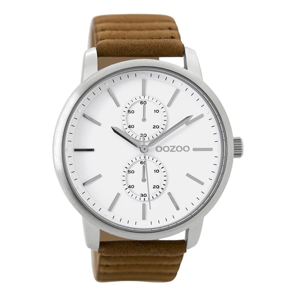 OOZOO Timepieces - Zilverkleurige horloge met bruine leren band - C9451