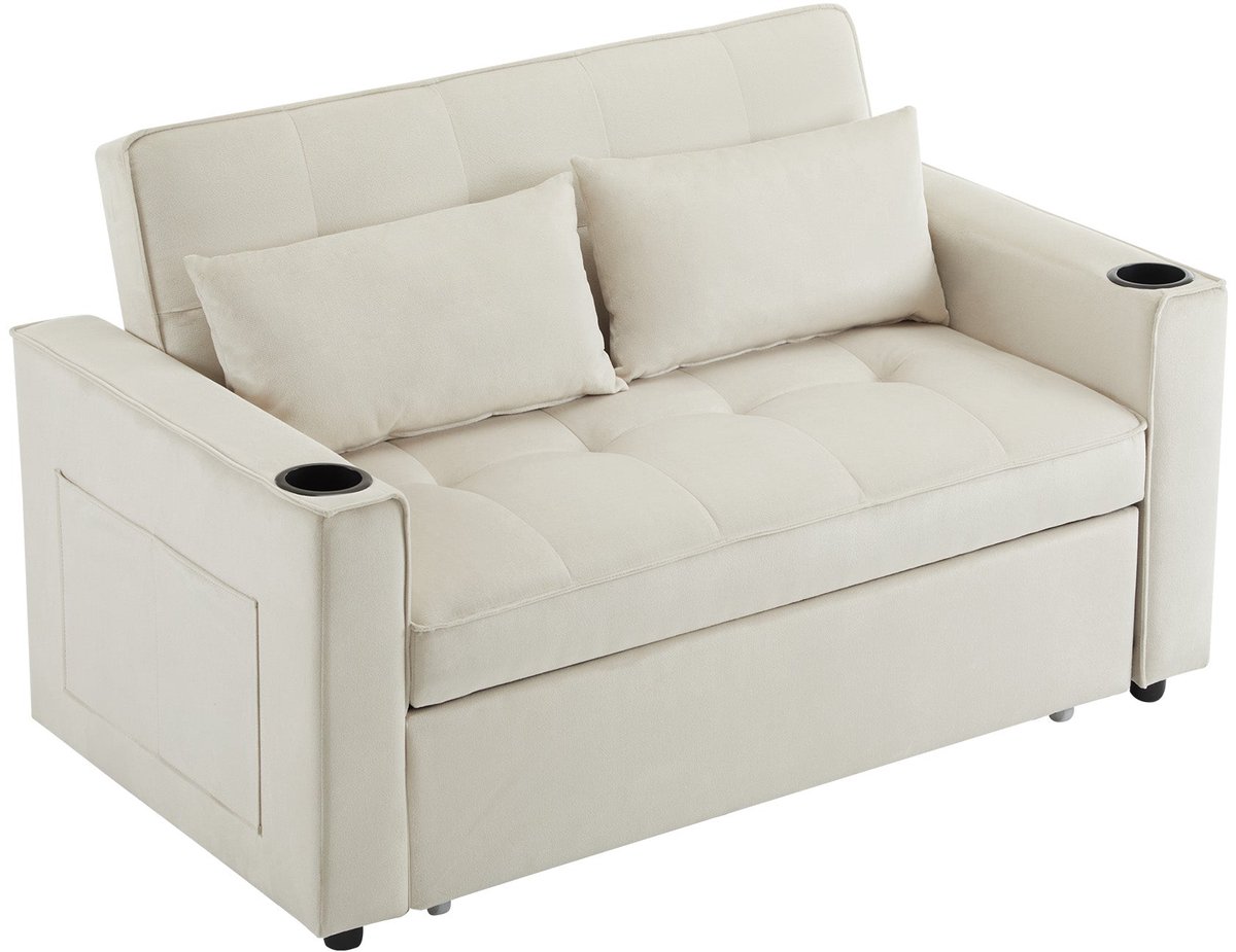 Merax Slaapbank met Bekerhouders – 2-zits Bankstel – Beige Velvet – 3-in-1 Bedbank met Zijvak
