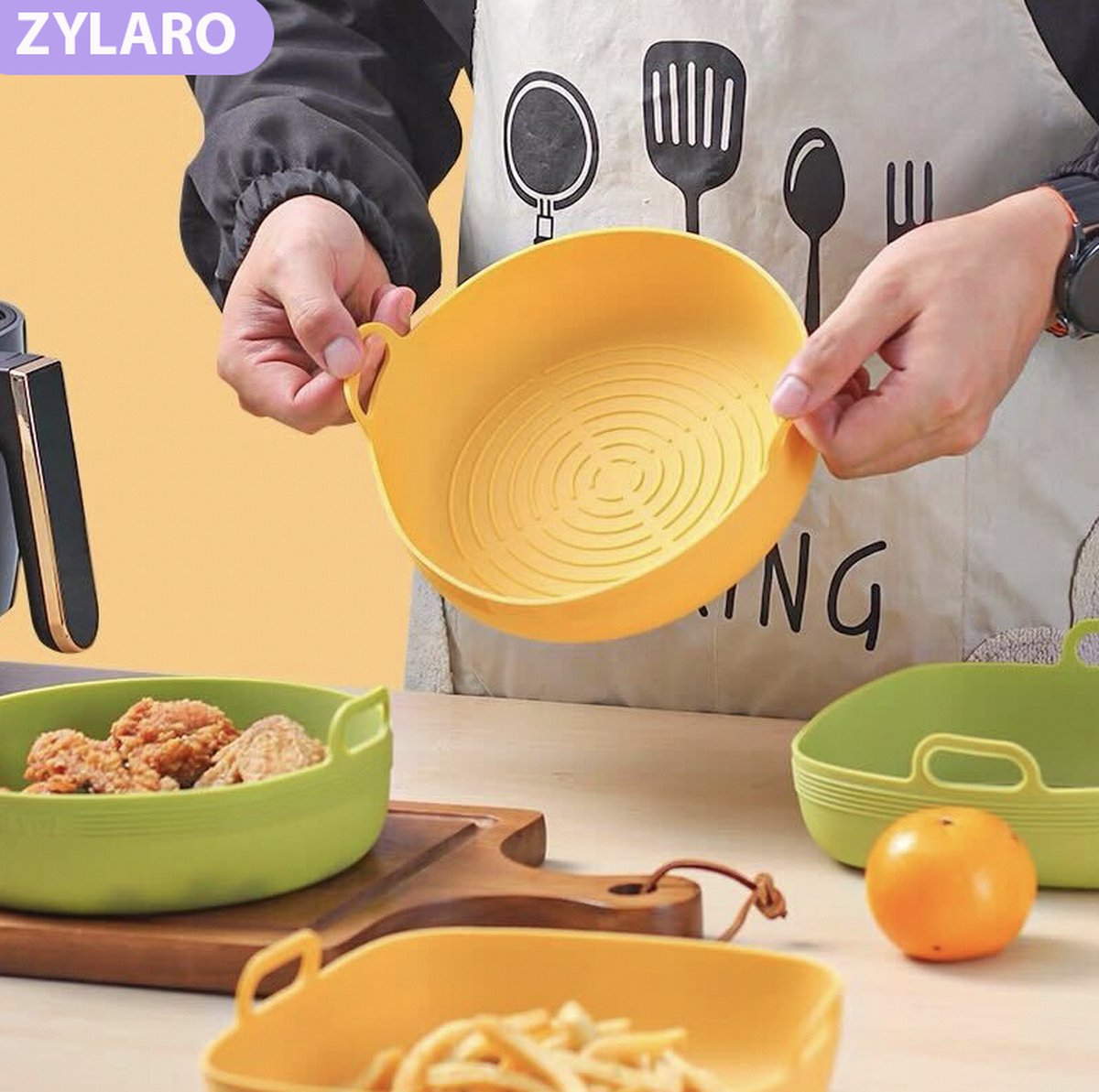 ZYLARO Siliconen Airfryer Bakjes - Airfryer Accesoires - 2 Stuks XL - Vierkant - Bakpapier Alternatief - 100% BPA Vrij - 20CM - Groen en Geel — afbeelding 6