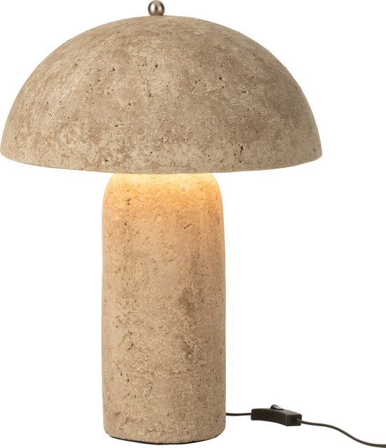 Lampe beige en papier mâché en forme de champignon, avec un pied cylindrique et un abat-jour rond. Une douce lueur émane d'en dessous.