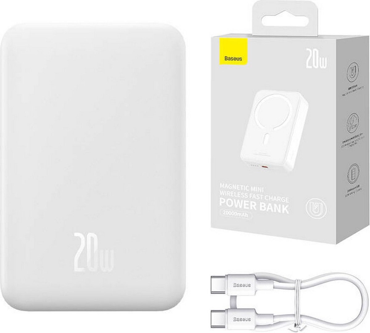 Baseus 20.000 mAh Powerbank Wit | Compact Met MagSafe & Fast Charge | 20W USB-C | Geschikt voor Apple iPhone en andere smartphones