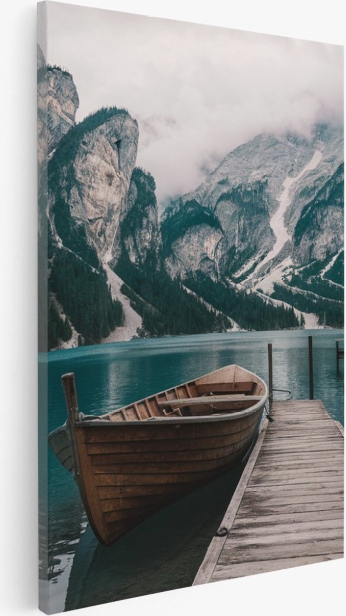 Saammp Canvas Schilderij - Boot aan steiger in de dolomieten - Landschap - Natuur - 30x45 - Foto op canvas - Wanddecoratie - Muurdecoratie Woonkamer - Slaapkamer decoratie - Canvas Print Multicolor
