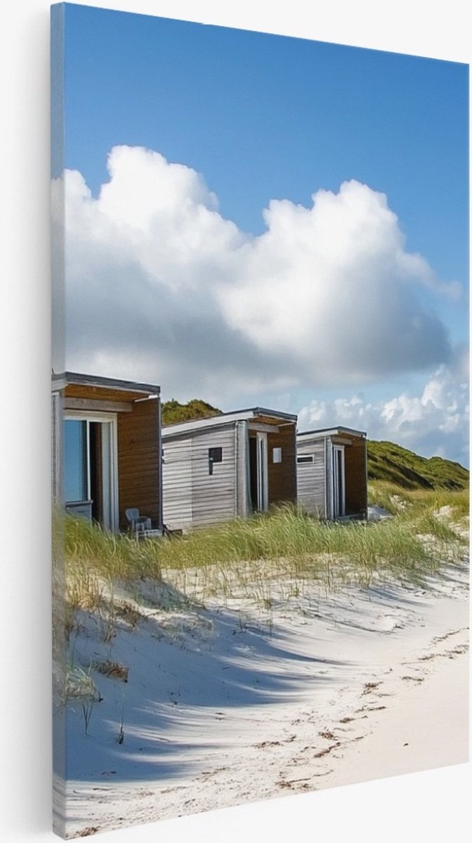 Saammp Canvas Schilderij - Strand Huisjes - Zee - Duinen - 60x90 - Foto op canvas - Wanddecoratie - muurdecoratie Woonkamer - Slaapkamer decoratie - Canvas Print Multicolor