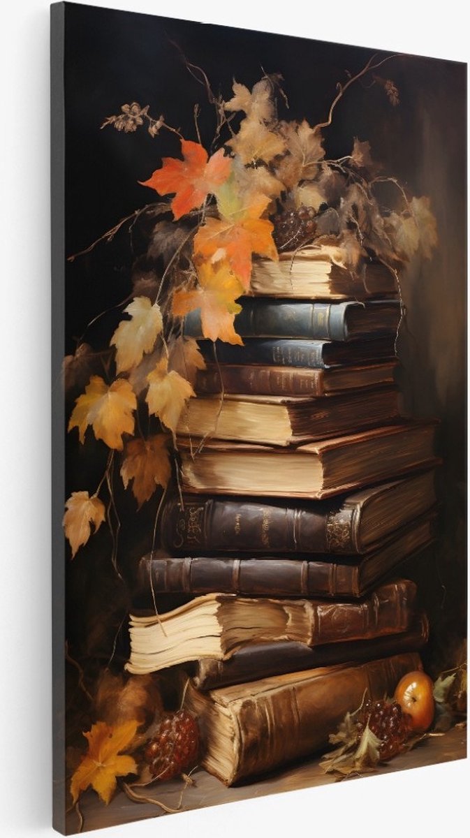 Saammp Canvas Schilderij - Boeken en planten - bloemen - Abstract - 75x100 - Foto op canvas - Wanddecoratie - Muurdecoratie Woonkamer - Kantoor Decoratie Multicolor