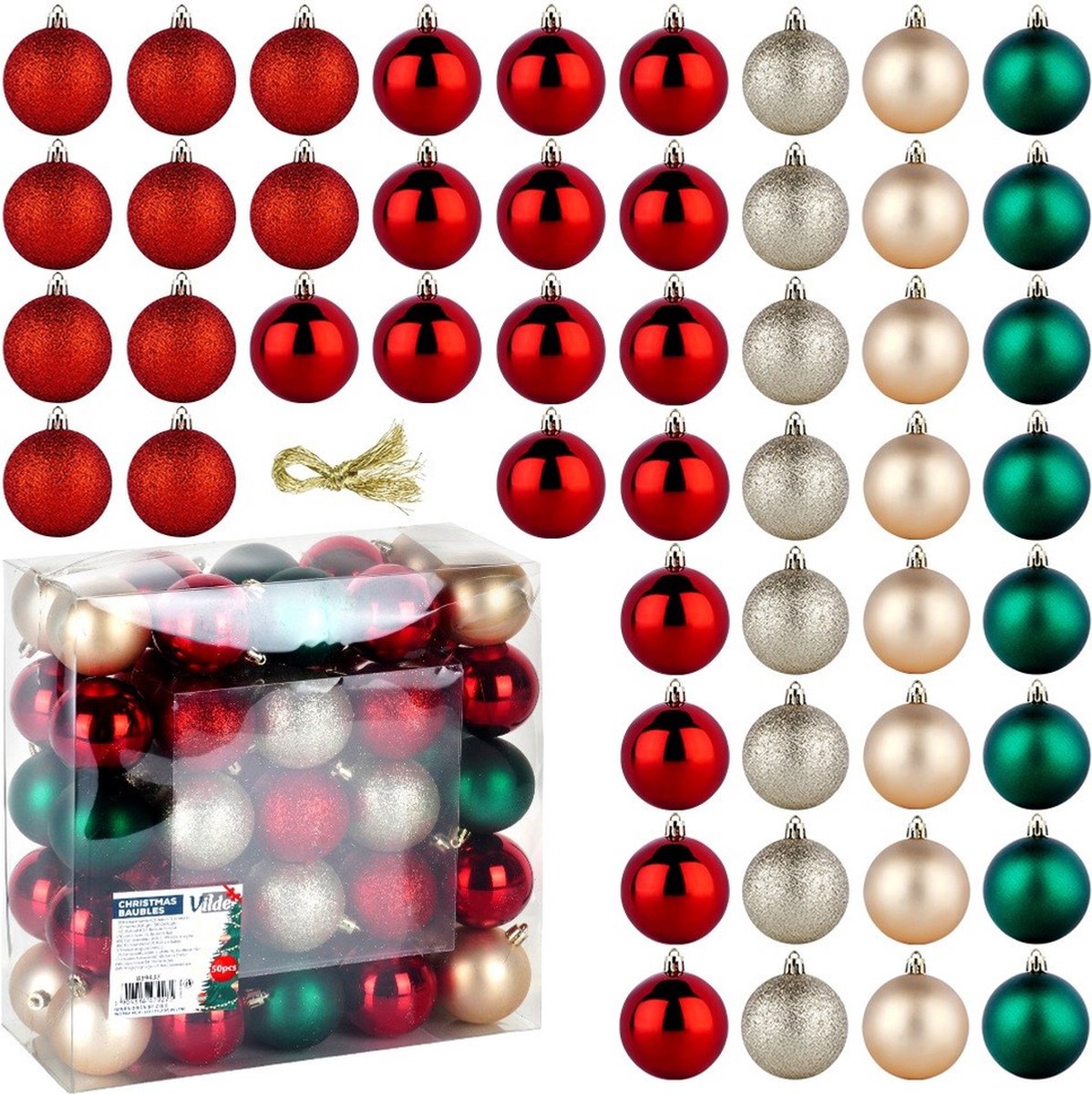 Kerstballen Set Onbreekbaar Rood Groen Champagne 6 cm 50 stuks - Kerstdecoratie
