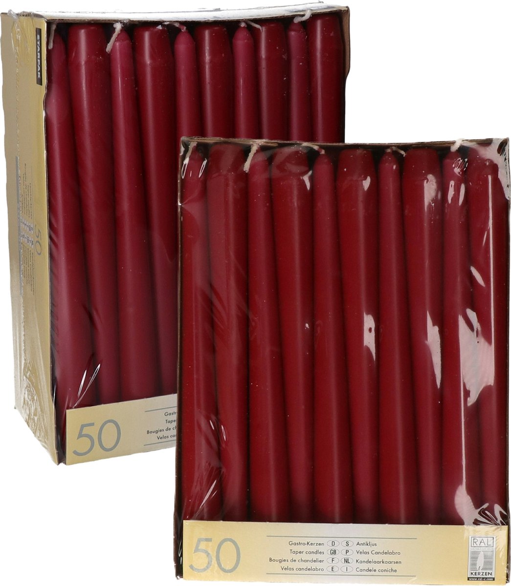 Conpax Candles Dinerkaarsen/kandelaar kaarsen Mega Pack - 100x stuks - donker rood - 25 cm - Tafelkaarsen Donkerrood
