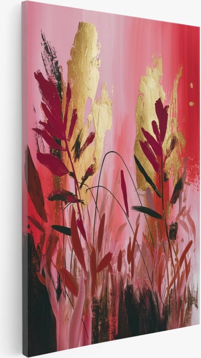 Saammp Canvas Schilderij - Rode Planten - goud - Abstract - Bloemen - 30x40 - Foto op canvas - Wanddecoratie - Muurdecoratie Woonkamer - Kantoor Decoratie Multicolor