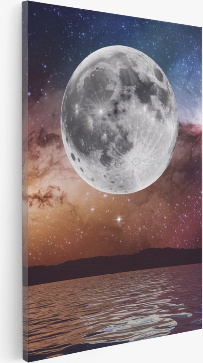 Saammp Canvas Schilderij - Maan met sterrenhemel - Natuur - Ruimte - 30x40 - Foto op canvas - Wanddecoratie - Muurdecoratie Woonkamer - Slaapkamer decoratie - Canvas Print Multicolor