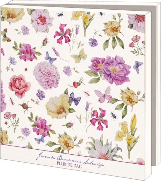 Kaartenmap met een gedetailleerde bloemenprint met roze en gele bloemen, vlinders en insecten. 'Janneke Brinkman-Salentijn PLUK DE DAG' in sierlijk schrift.
