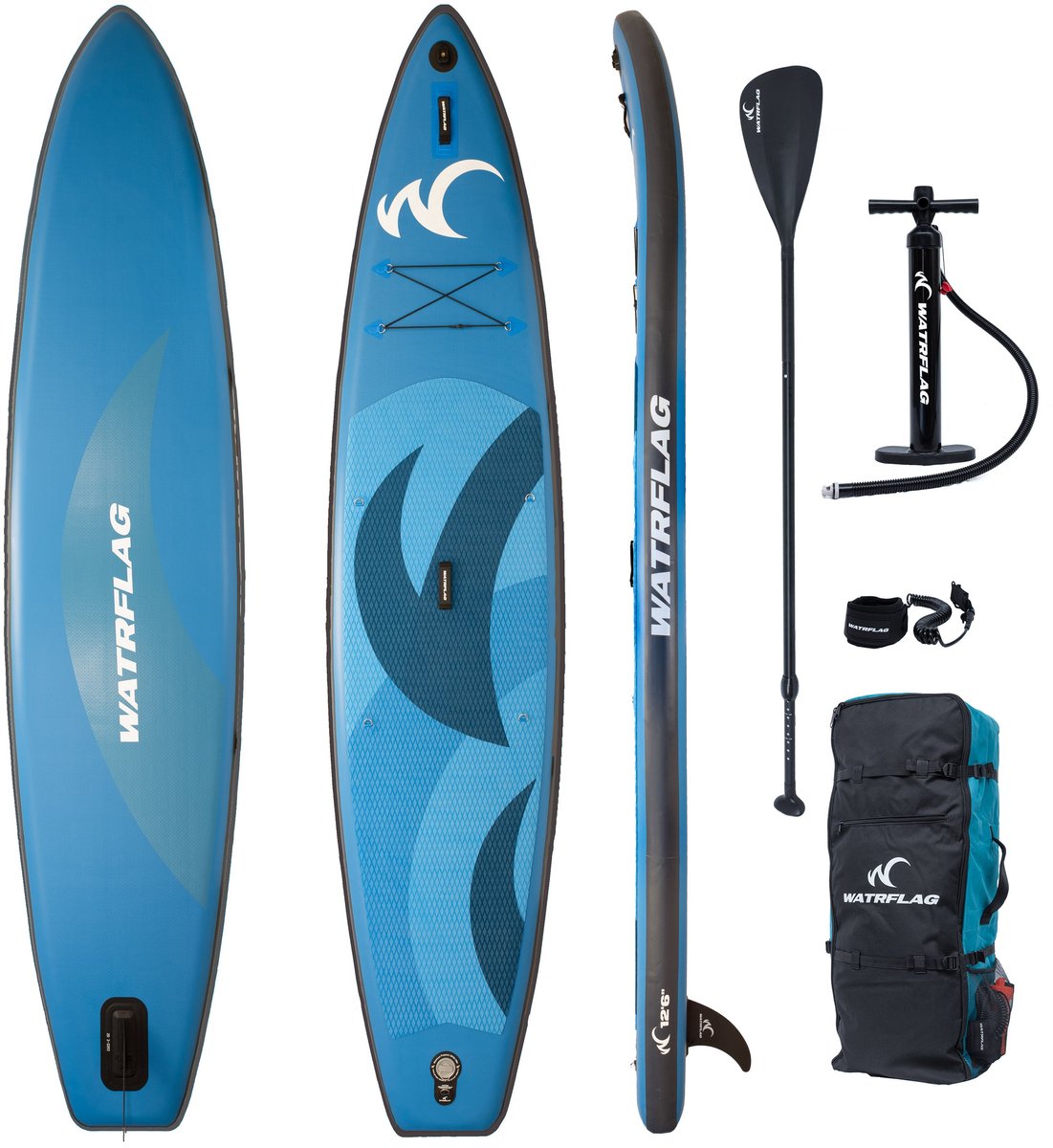 Watrflag Arrow Premium kwaliteit opblaasbaar SUP Board 12'6, 380 x 81 x 15 cm, Complete SET bestaande uit luxe rugzak, 3-delige peddel, dubbel air pomp, leash, reparatiesetje