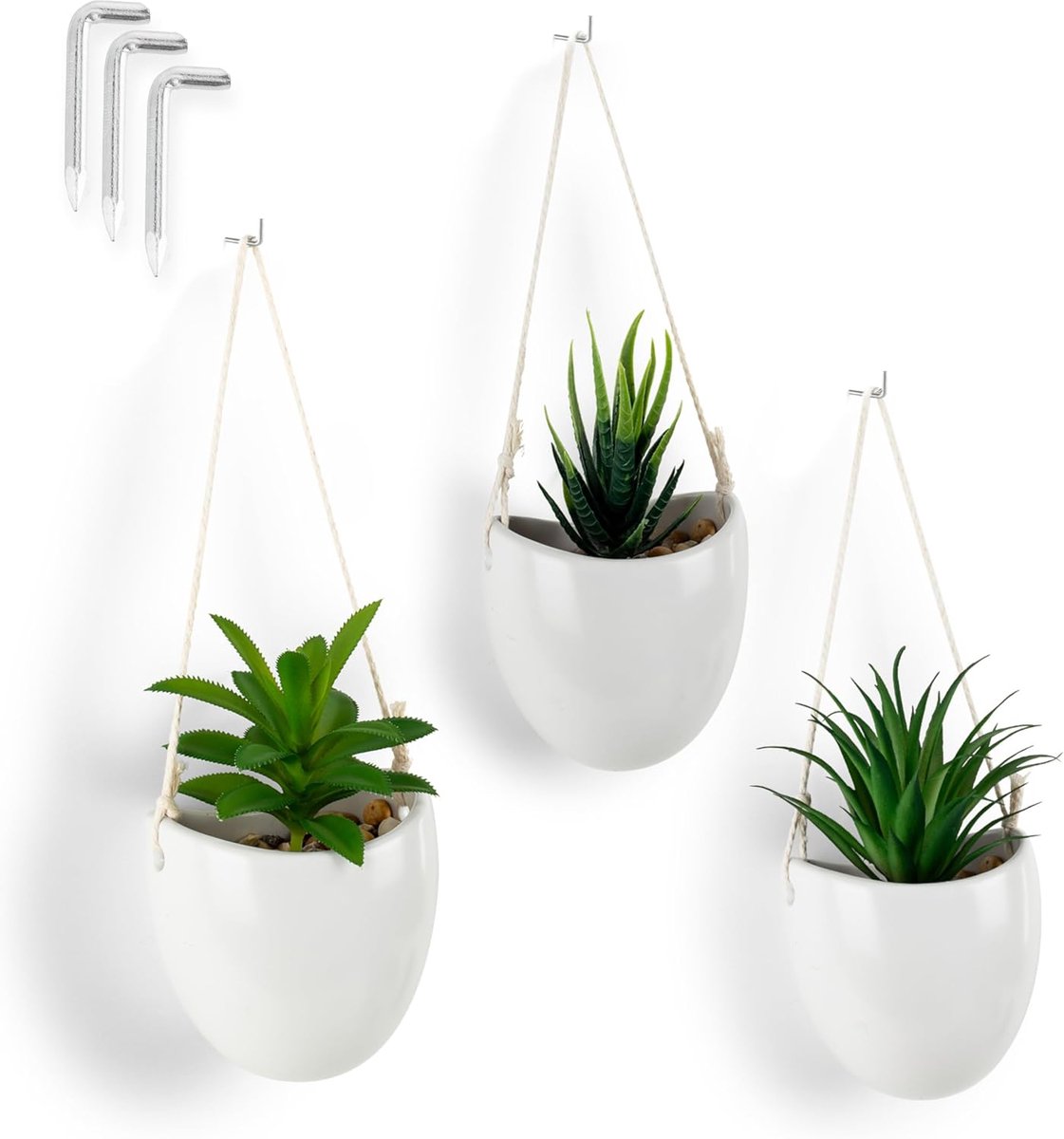 Set van 3 Onderhoudsvriendelijke Kunstplanten in Wandvazen van Keramiek - Hangplanten voor Elk Interieur