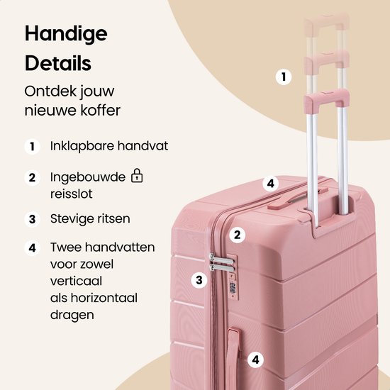 Roze koffer met inklapbare handvat, cijferslot en handvatten voor verticaal dragen.