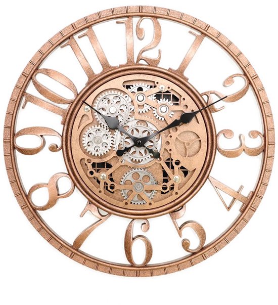 IvoQ Industriële Wandklok met Bewegende Tandwielen – Ø 40 cm – Roségoud – Lichtsensor