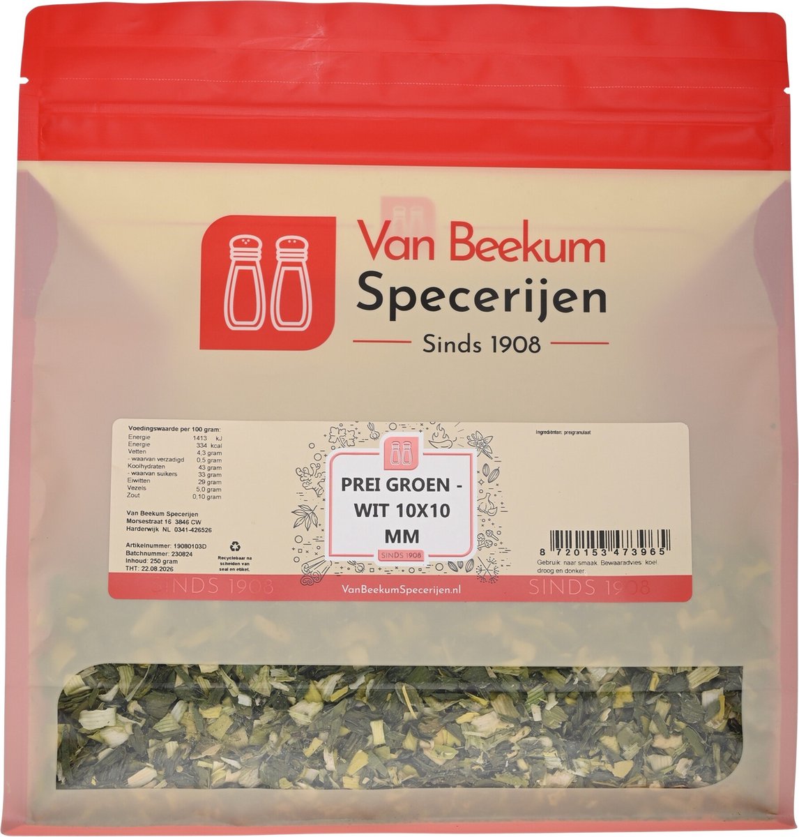 Goedkoopste Van Beekum Specerijen - Prei Groen Wit 10x10 mm - 250 gram (hersluitbare stazak