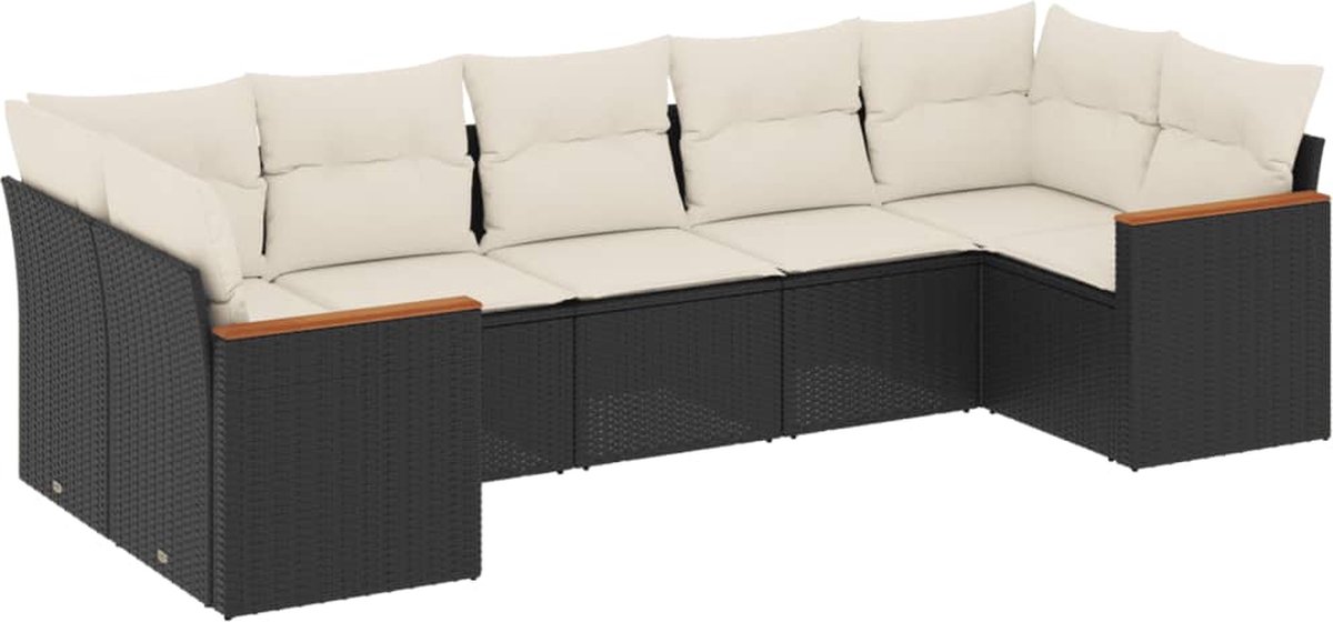 Zwarte poly rattan loungeset met kussens voor tuin en outdoor gebruik.