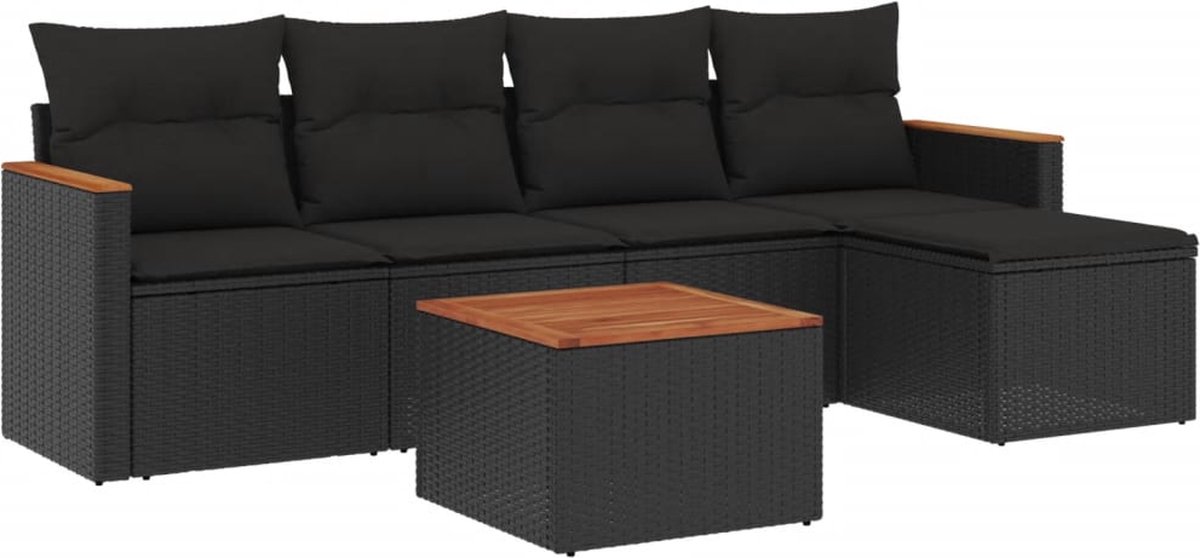 The Living Store 6-delige Loungeset met kussens poly rattan zwart - Loungeset - Tuinmeubels - Lounge Set - Pe Rattan - Zwarte Loungebank