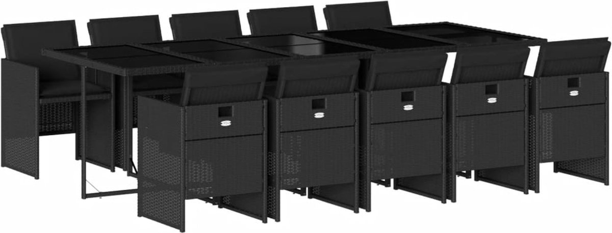 The Living Store 11-delige Tuinset met kussens poly rattan zwart - Tuinset - Buitendecoratie - Lounge Set - Eetkamerset - Patio Furniture