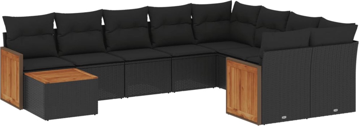 Zwart poly rattan loungeset met kussens voor buiten - The Living Store.