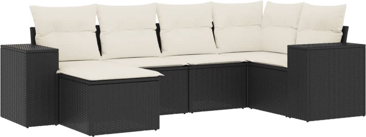 Zwart poly rattan loungeset met kussens voor tuin en buiten.