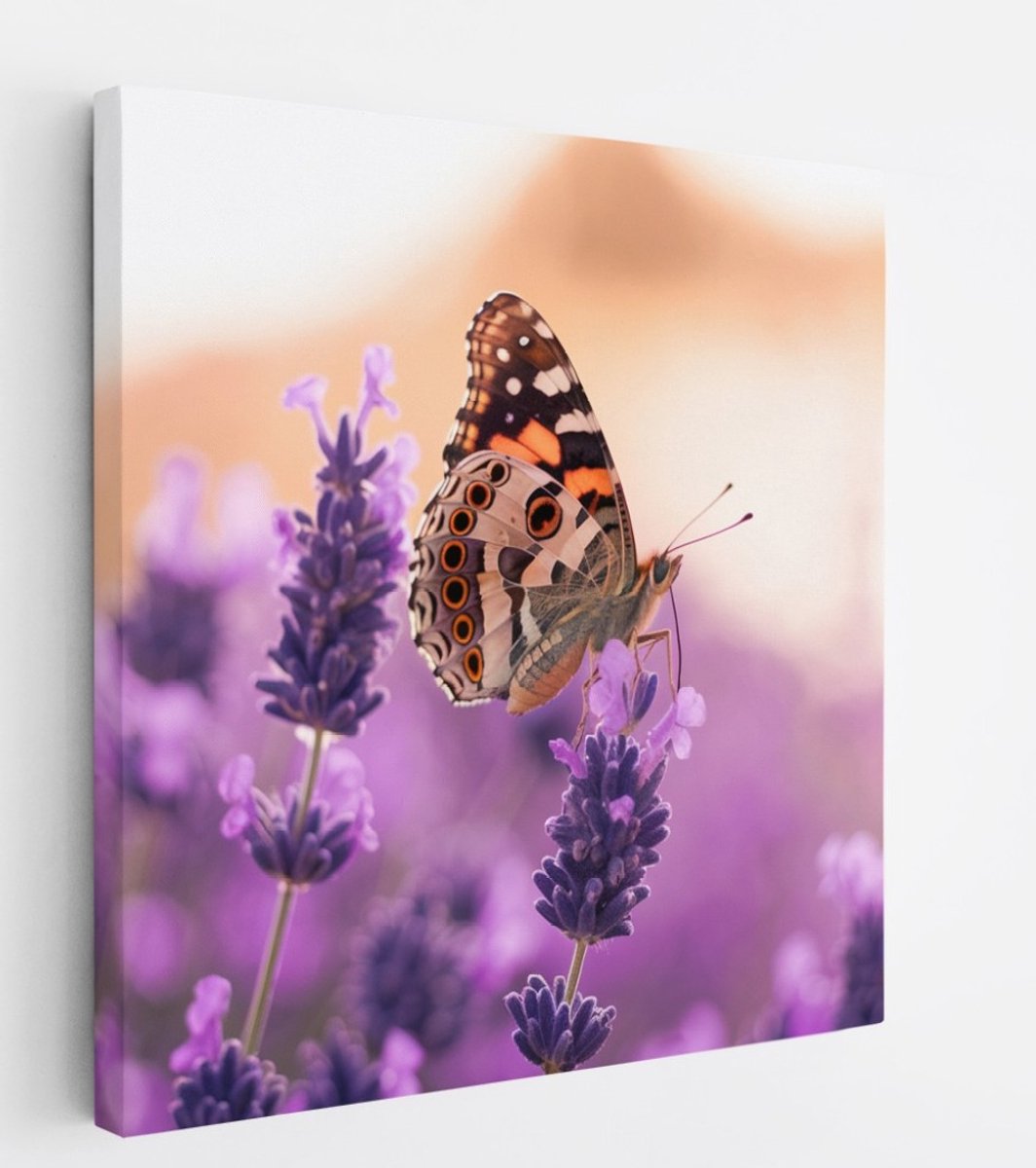 Saammp Canvas Schilderij - Vlinder bij lavendel - Bloemen - Dieren - Natuur - 20x20 - Foto op canvas - Wanddecoratie - muurdecoratie Woonkamer - Slaapkamer decoratie - Canvas Print Multicolor