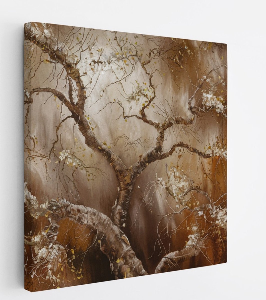 Saammp Canvas Schilderij - Vintage Boom - Witte Bloemen - abstract - 100x100 - Foto op canvas - Wanddecoratie - Muurdecoratie Woonkamer - Kantoor Decoratie Multicolor