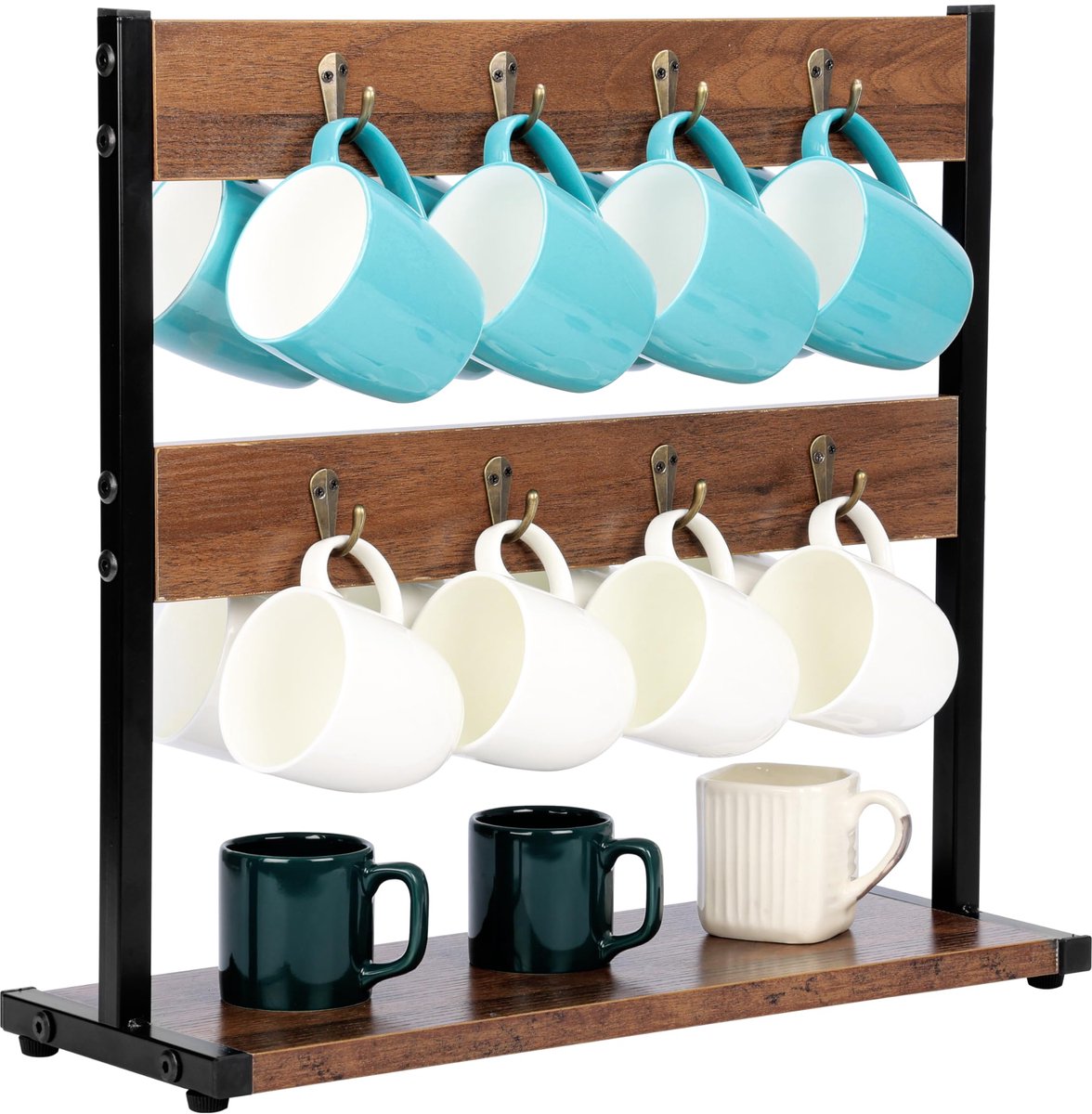 Unyqoos ® Charmante Vintage Houten Bekerstandaard met 16 Ophanghaken voor Keukenorganisatie en Koffiebar