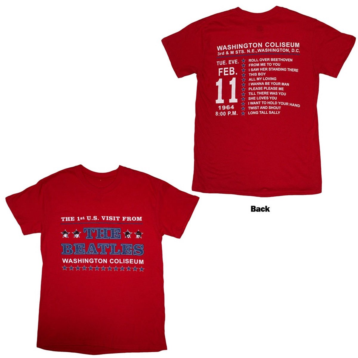 The Beatles - Washington '64 Stars Setlist Heren T-shirt - 2XL - Rood