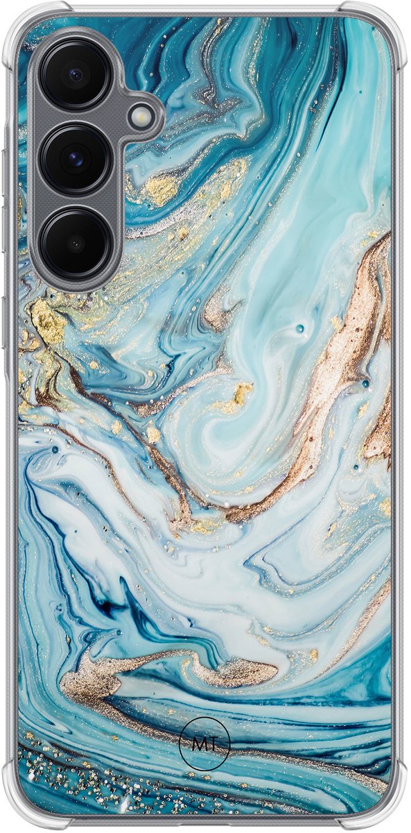 Hoesje (shockproof) geschikt voor Samsung Galaxy A55 - Marmer blauw goud - Extra sterke case - TPU/polycarbonaat - Marmer - Blauw, Transparant
