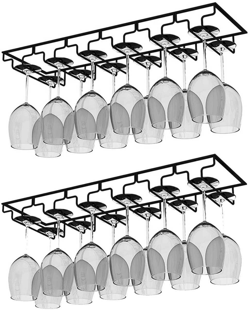 TheLau ® Onderkast Hangende Glazenhouder voor Wijn en Champagne, Set van 2, Zwart Metaal, 6 Rijen, Tot 18 Glazen