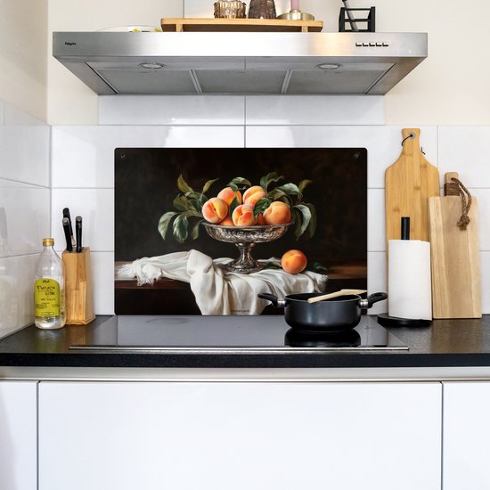 KitchenYeah® Protection plaque induction 78x52 cm - Nature morte - Pêches - Vintage - Protege plaque de cuisson - Couvre plaque induction - Protecteur d'induction - Cuisine