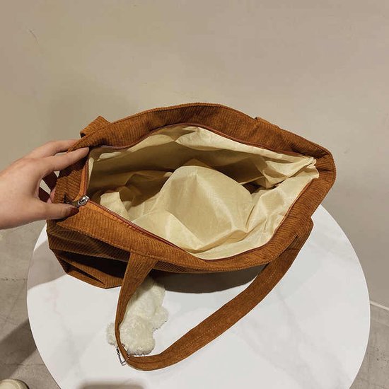 Sans Citron - Sac à bandoulière en velours côtelé - Sac fourre-tout - Velours côtelé - Étudiants - École - Travail - Voyages - Shopping - Fermeture éclair - Geen accessoire inclus - Marron