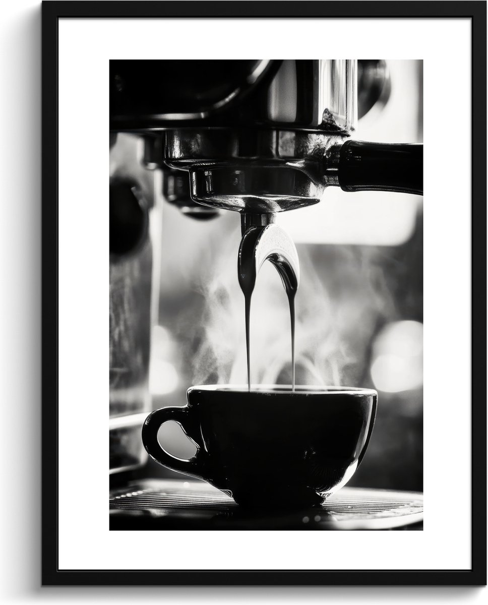FrameYourWall Fotolijst inclusief poster - Posterlijst 60x80 cm - Posters - Coffee - Espresso - Koffiemachine - Kop - Foto in lijst - Keuken decoratie muur - Wanddecoratie accessoires - Muurdecoratie - Schilderijen
