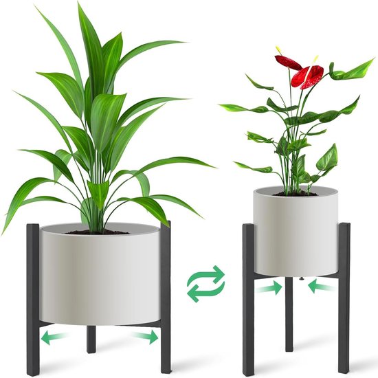 Verstelbare plantenstandaard, geschikt voor potten met een buitendiameter van 24-36 cm, 38 cm hoog, metalen bloemenstandaard, zwart met trays, bloempot voor binnen en buiten (met pallet