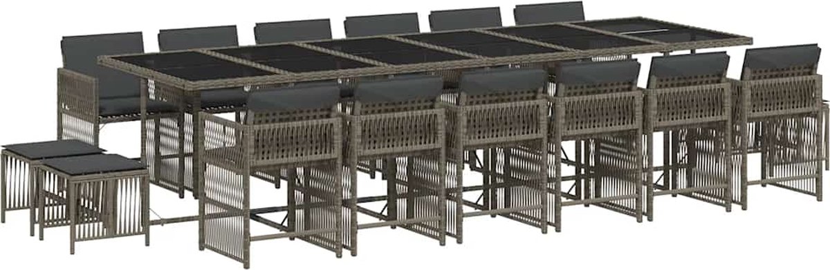 The Living Store 17-delige Tuinset met kussens poly rattan grijs - Tuinset - Buitentijd - Lounge Set - Eetkamerset - Poly Ratan