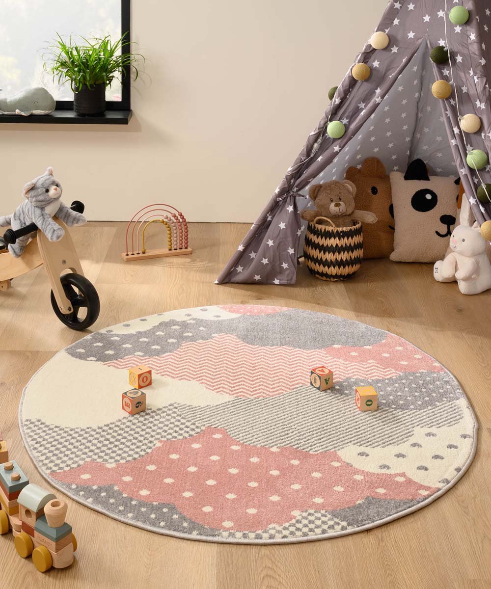 Rond vloerkleed kinderkamer wolk - Magic roze/grijs 160 cm