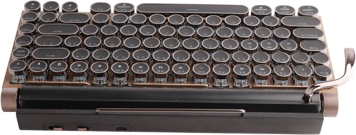 Schrijfmachine Mechanisch Toetsenbord, 83 Toetsen RGB Backlit, Draadloos/BT5 .0/Wired Retro Vintage Toetsenbord, Blue Switch Punk Metal Ronde Keycaps, voor OS X/iOS/Window (Houtnerf kleur
