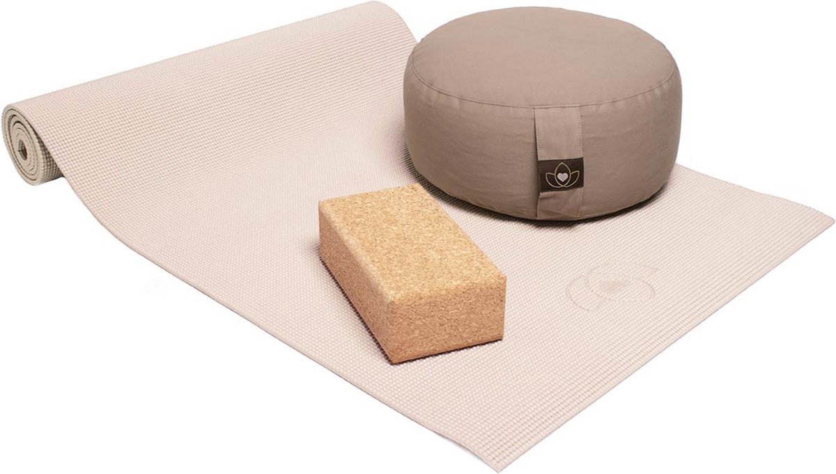 Starterspakket yogamat, meditatiekussen en blok - sand
