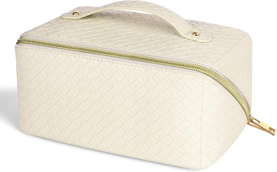 Aucuu Make-uptas voor op reis, PU-leer, draagbare make-uptas met grote inhoud, waterdicht, draagbaar, toilettas-organizer voor toiletartikelen, #2 wit