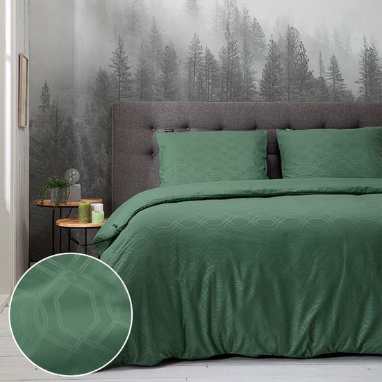 Fresh & Co - Housse de couette double Embossed Art Deco - Vert olive 200x220 cm - Microfibre - Housse de couette avec 2 taies d'oreiller