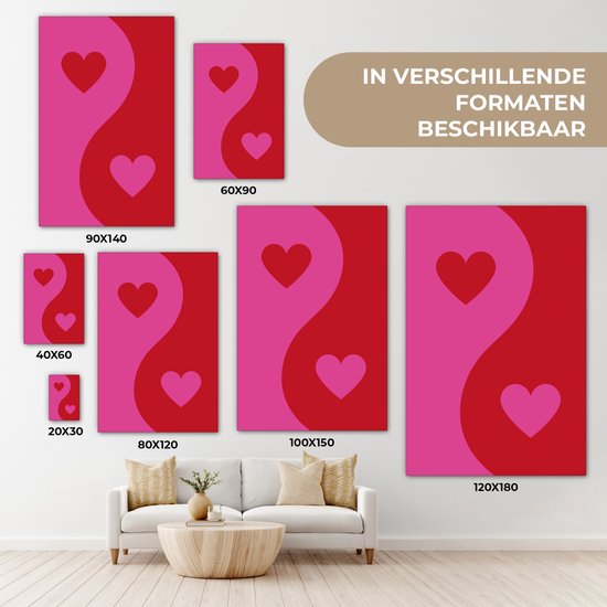 Tableau sur toile 20x30 cm - Décoration murale Minimaliste - Rouge - Rose - Hartjes - Décoration murale murale salon - Décoration chambre - Accessoires chambre - Peintures sur toile