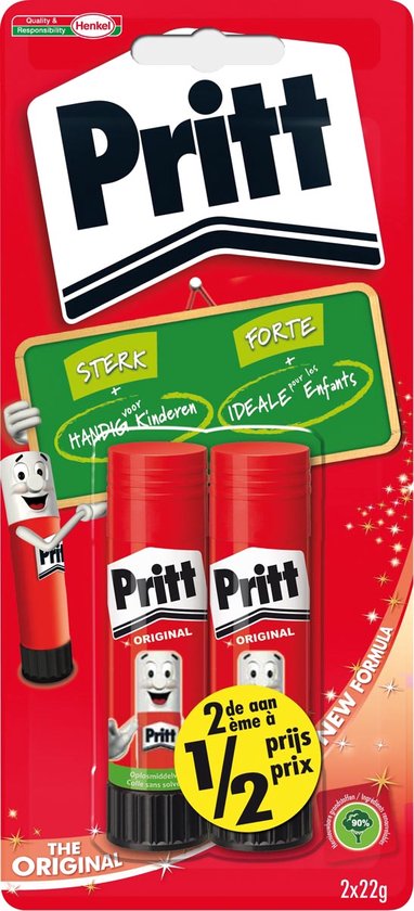 Pritt Original lijmstiften duopack met sterke, handige en uitwasbare tekst.