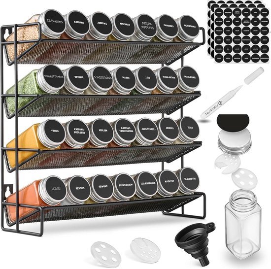 Étagère à épices avec 28 pots - Comprend 144 autocollants, un marqueur à craie et des vis - Étagère à épices sur pied de 34x34,5x11,5 L'étagère à épices peut être suspendue