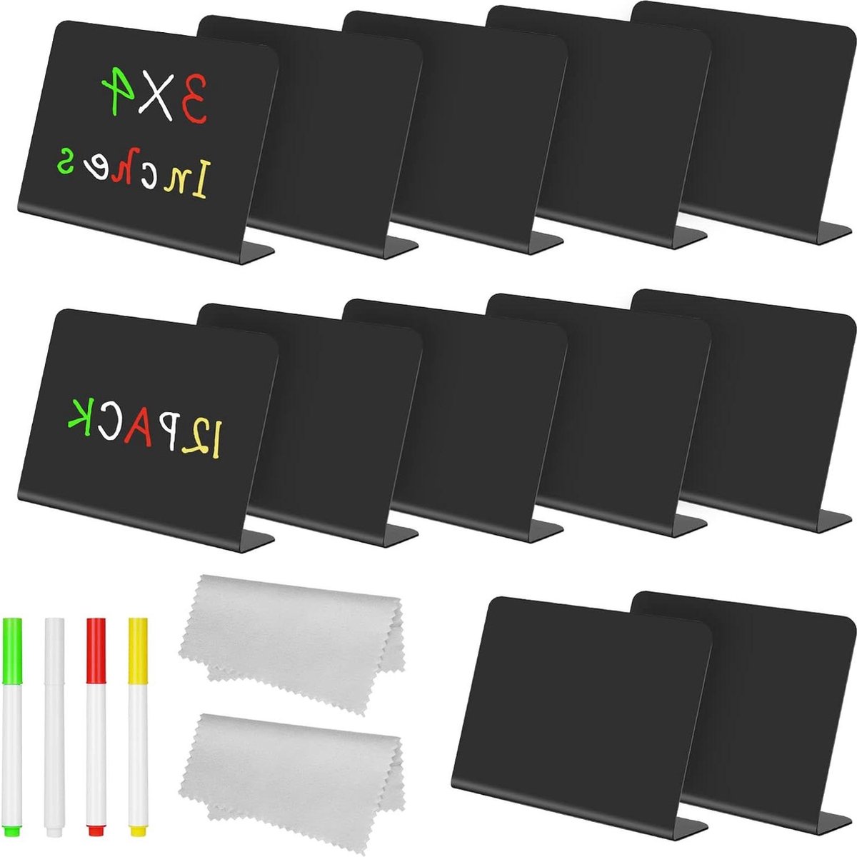 Image of 12 mini-schoolborden - levensmiddelen borden - krijtbord set met pennen - 2 reinigingsdoekjes - bruiloft - feest - tafeldecoratie - prijskaartjes .