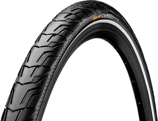 Zwarte Continental City Ride fietsband met reflecterende streep en grof profiel.