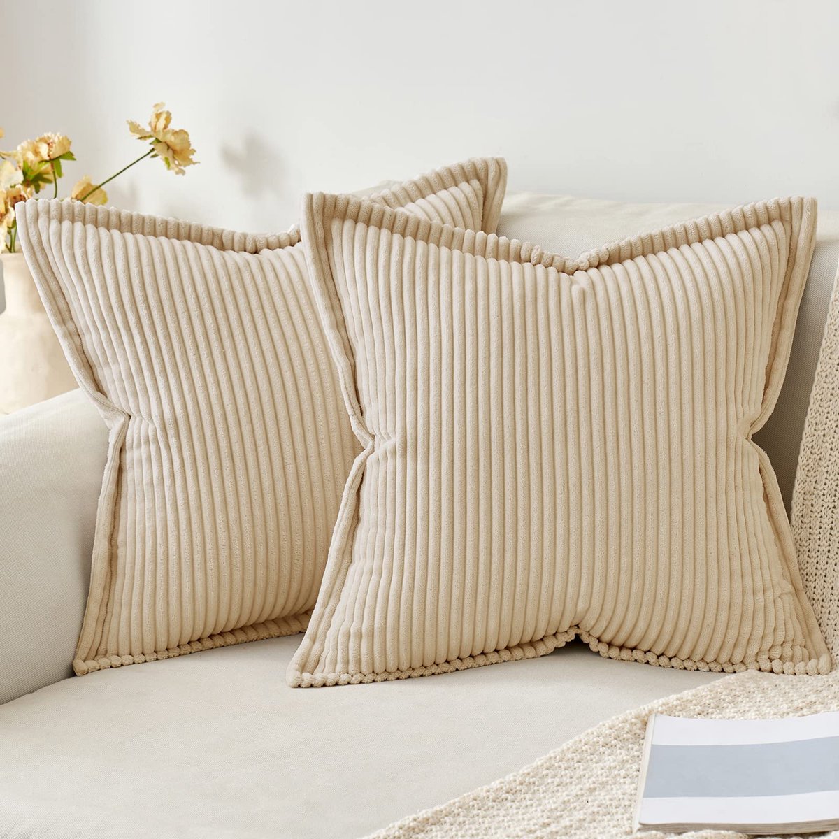My Ninki ® Zachte Corduroy Kussenhoezen voor Stijlvolle Woonkamerinrichting - Set van 2, 50 x 50 cm, Beige