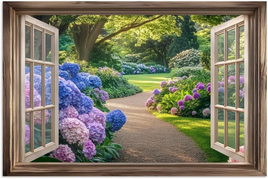 Poster 30x20 cm - Doorkijk - Tuin - Raam - Hortensia - Bloemen - Posters - Kamer decoratie - Wanddecoratie woonkamer - Muurdecoratie slaapkamer