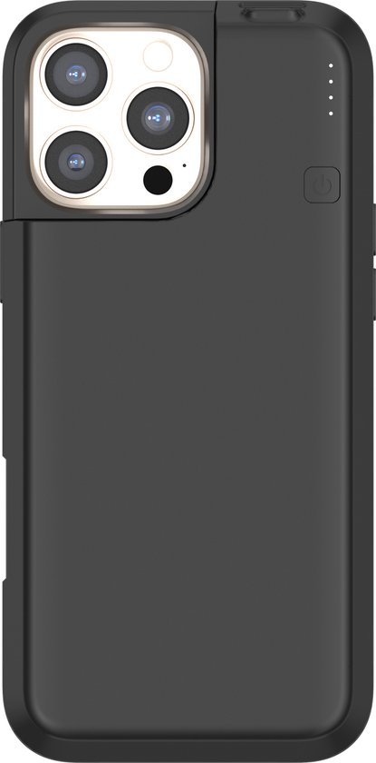 Zwarte Distinction powerbank hoes met drievoudige camera-uitsparing voor iPhone 16 Pro Max.