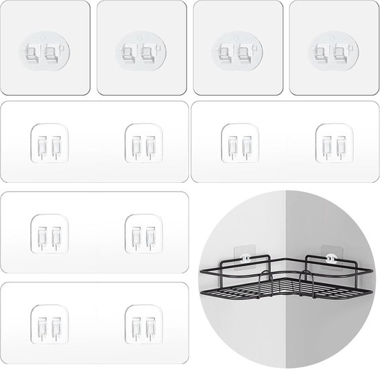 MZMing 8 Stuks Douche Caddy Zelfklevende Haken Vervanging Transparante Zelfklevende Sticker Dubbele Haken Wandmontage Geen Boren Opslag Plank Sticky Haken voor Keuken Badkamer Douche Hoek Plank Mand