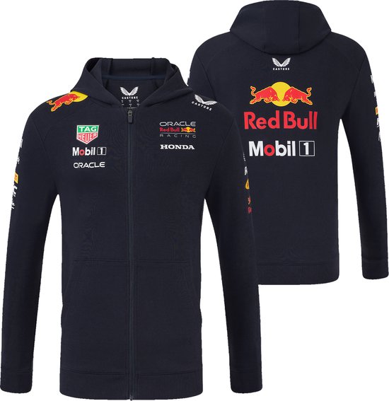 Donkerblauwe hoodie met ritssluiting, voorkant en achterkant met Red Bull Racing logo's.